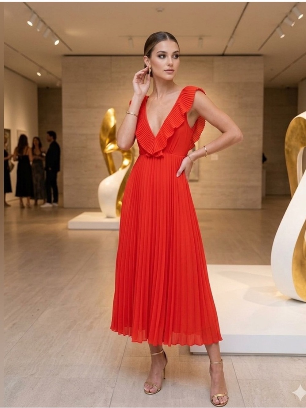 Zara Red Maxi Dress with Ruffle V-Neck